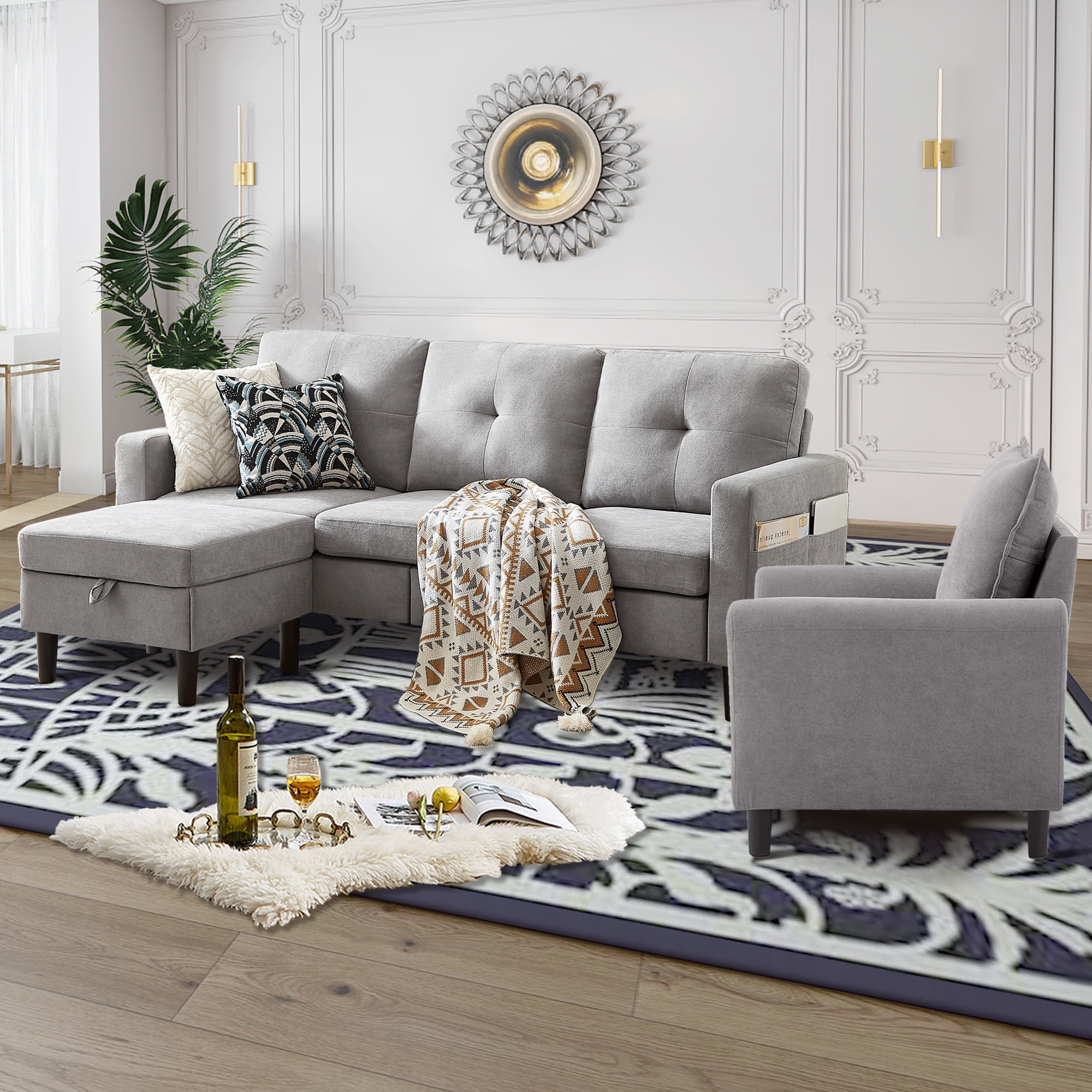 79" Convertible Sectional Sofa Set, Modern Linen Small L Shaped Couch with Reversible Chaise and Loveseat Sofa, 3-Seat Sofa Couches for Living Room, Office, Apartment, Lightgrey