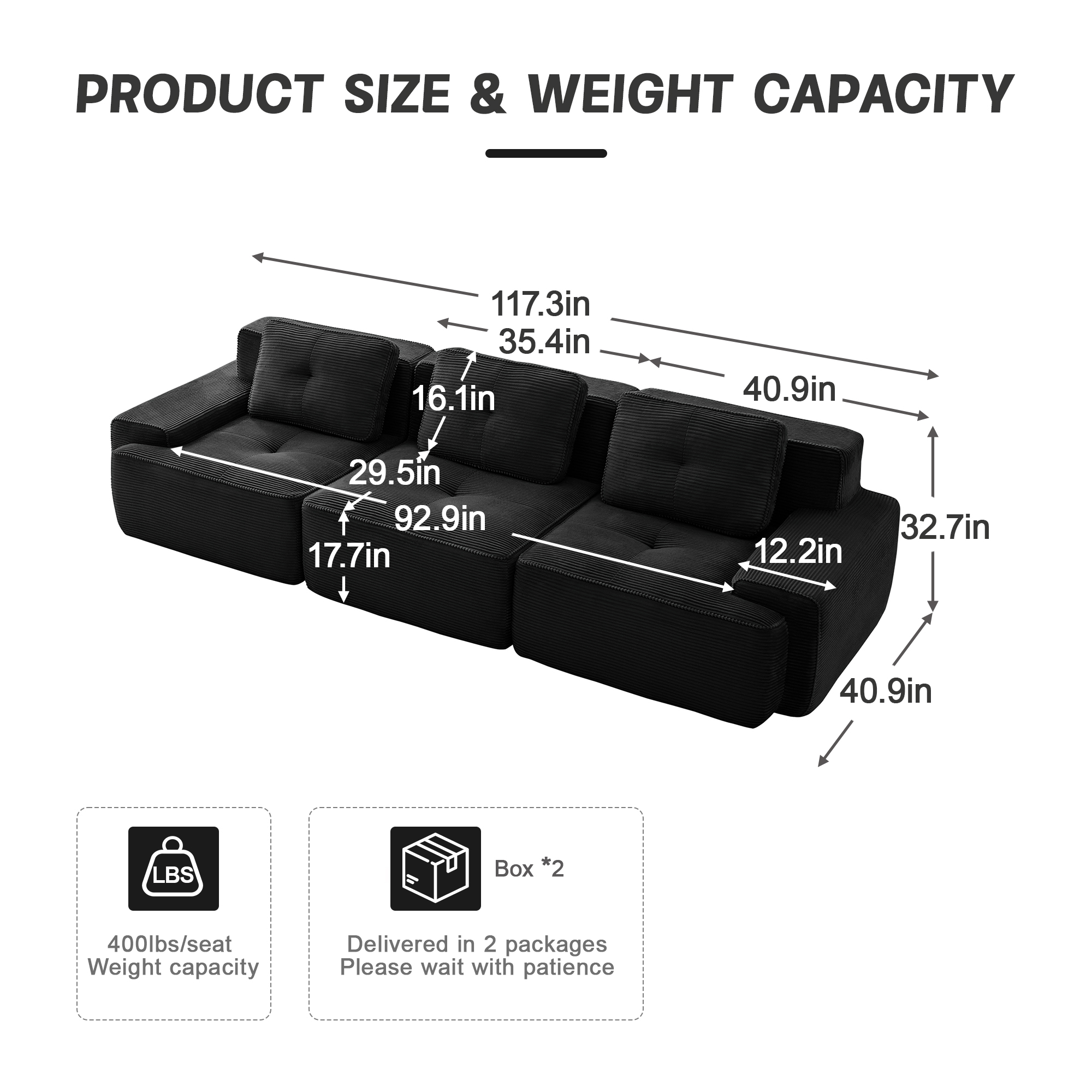 Yoneston 117" Modular Sectional Sofa 3 Seater Couch with Cushions, No Assembly Corduroy Sofa with Deep Seating for Living Room Bedroom Apartment, Black