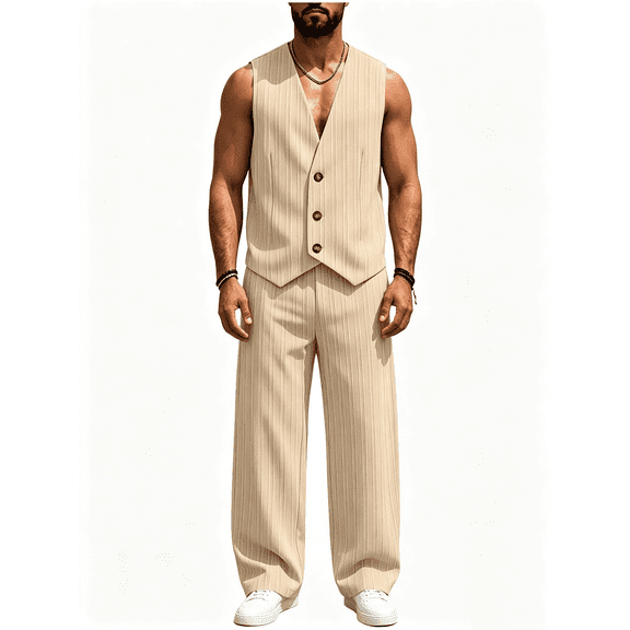 Busydd Men Two Piece Sets Trendy Ribbed V Neck Sleeveless Button Vest and Pants Suit Casual Solid Color Beach Vacation Outfits S