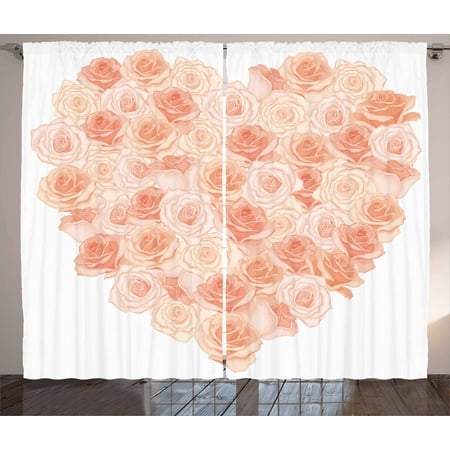 Peach Curtains 2 Panels Set Valentines Day Inspired Heart Shaped