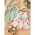 thumbnail image 4 of Caoirhny Little Girl Summer Outfit, Ribbed Short Sleeve Cardigan Flower Layered Ruffle Cami Dress Tie Headband 3 Piece Set, 4 of 9