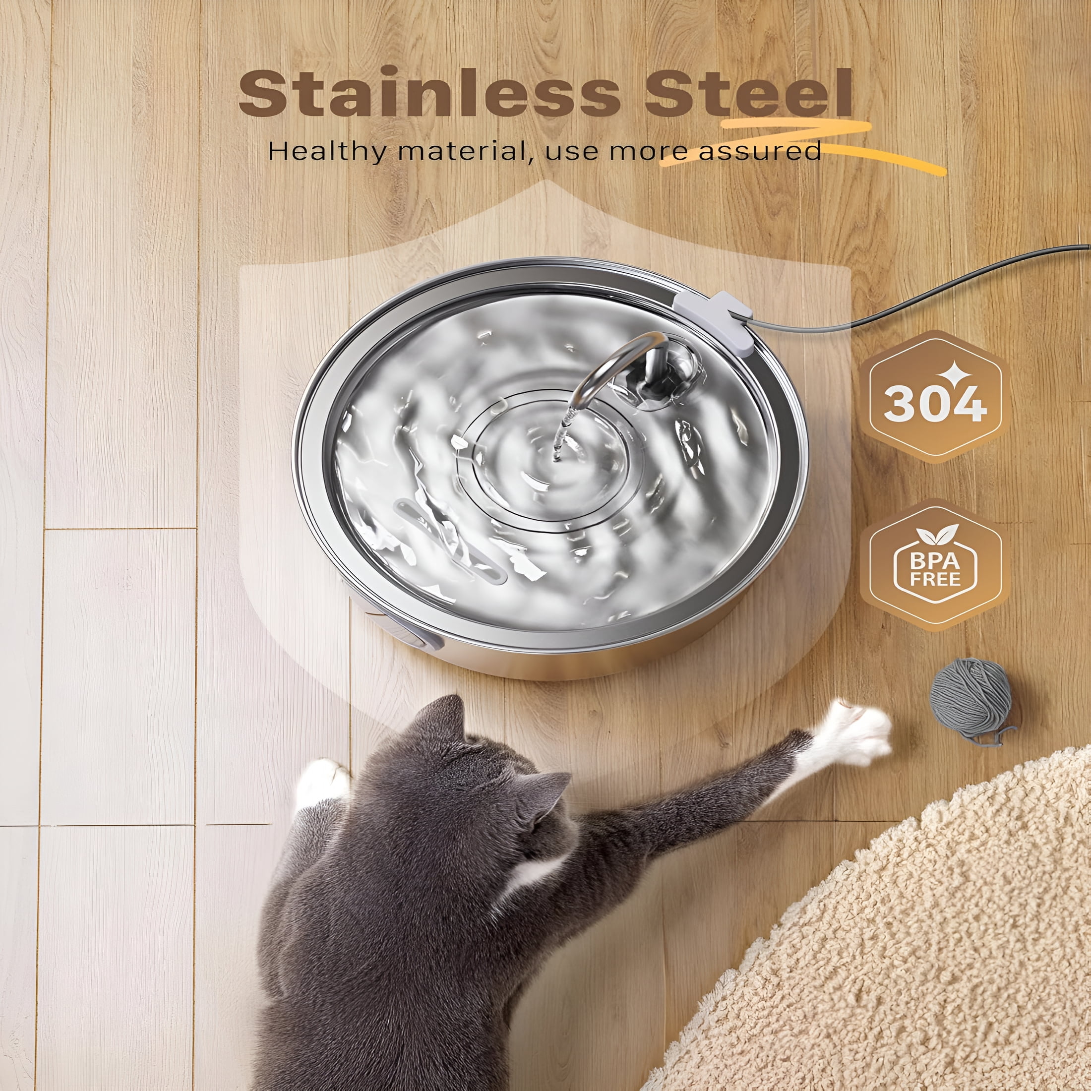 ACDANC Stainless Steel Pet Water Fountain: 108Oz/3.2L Cat Fountains with Led Light - Metal Bowl