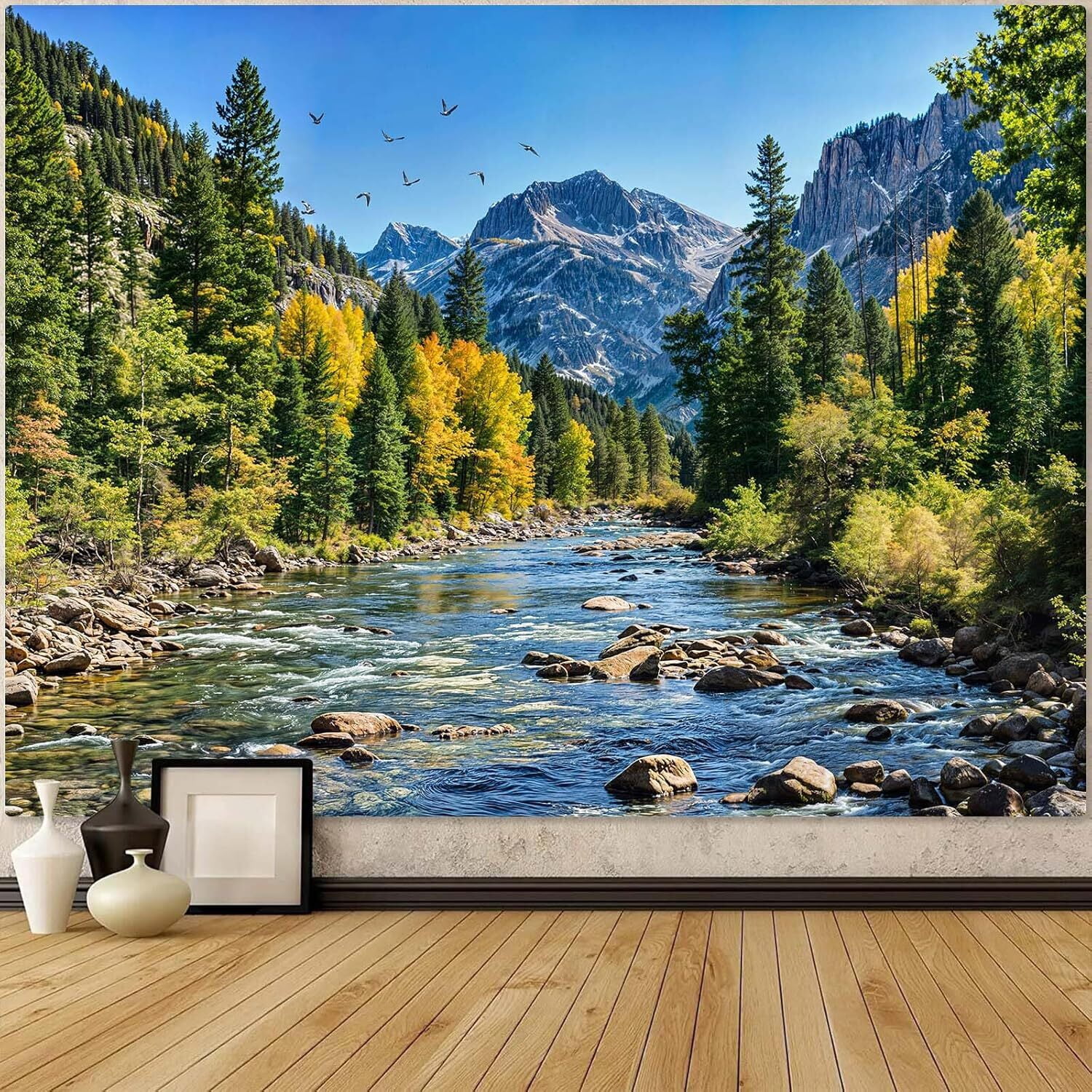 Nature Forest Mountain Tapestry Green Pine Tree Tapestry for Bedroom Aesthetic Flowing River Landscape Tapestries Wall Hanging Bird Decor for Living Room Classroom Dorm Office 60X40IN