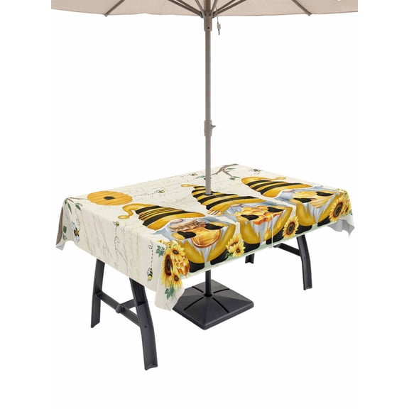 Outdoor Tablecloth with Umbrella Hole for Patio/Picnic/Party/Camping, Yellow Bees Gnomes Waterproof Table Cloth Rectangle Table Cover Washable, Spring Floral Branches Sunflower (54"x 80")
