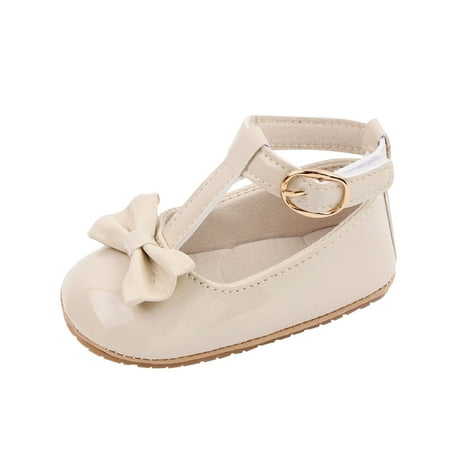 Meresysid Toddler Infant Kids Newborn Summer New Baby Everything Casual Breathable Cute Bow Buckle Rubber Sole Non-slip Soft Soled Baby Leather Shoes Beige