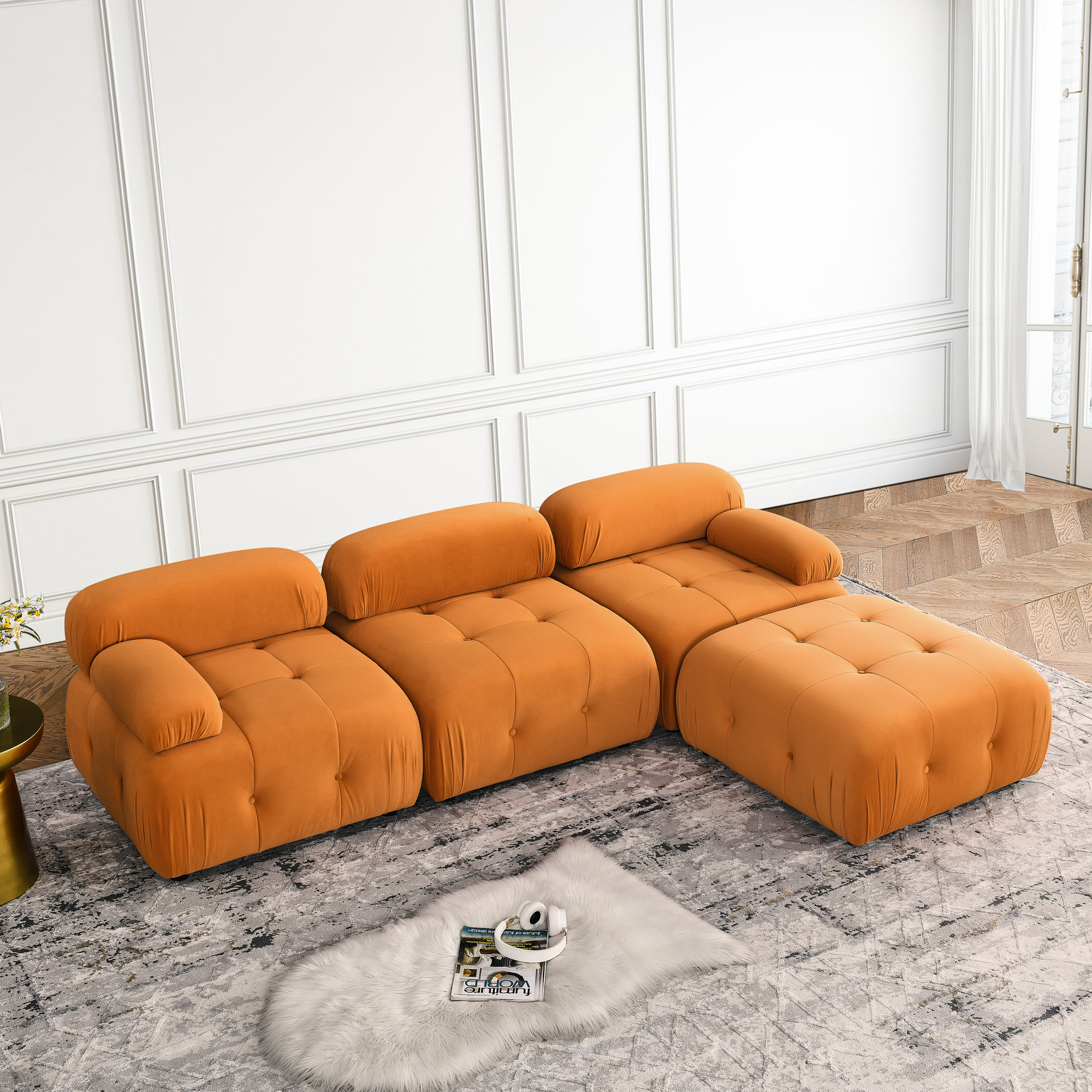 Aukfa 93" Sectional Sofa, Button Tufted Modular Chaise Couch for Living Room, Velvet, Orange