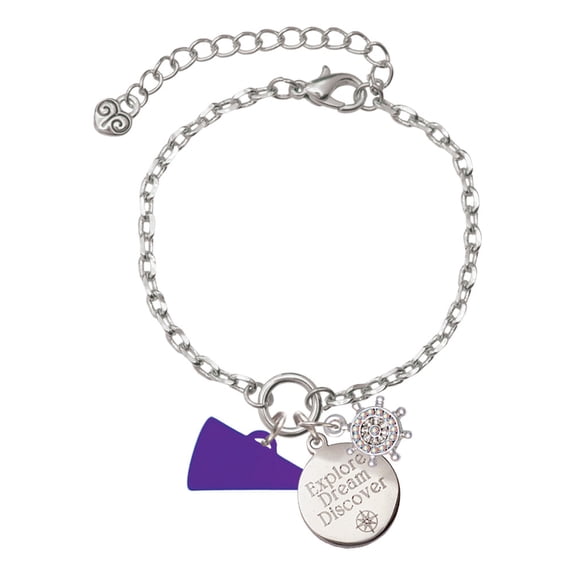 Delight Jewelry Acrylic 3/4" Purple Megaphone Silvertone Discover Dream Explore Zoey Charm Bracelet, 6.5 2" Extender