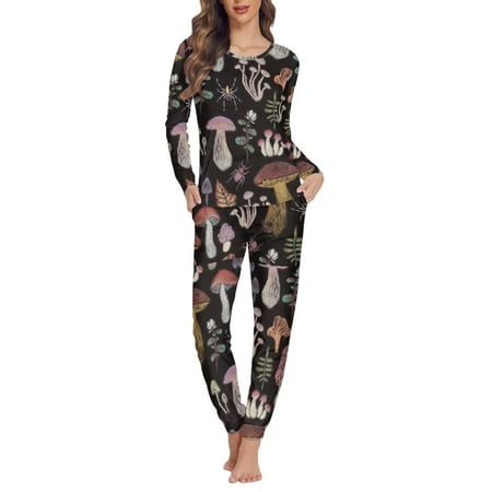 

NETILGEN Aesthetic Muhroom Home Life Pajamas for Women Set Long Pants Crewneck Sleepwear for Women Nightgown 2 Pack Multi-Season Pj Set for Women