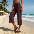thumbnail image 2 of Women's Lightweight Yoga Capri Pants, Solid Color Elastic Waist Pants for Women, Soft Stretchy Mid Waisted Capris, Pockets Casual Athletic Workout Lounge Capris | UKHCCC,Wine L, 2 of 7