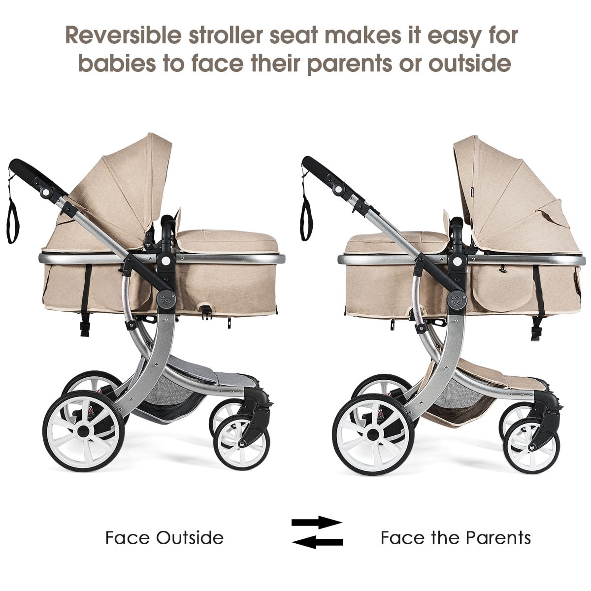 Infans Aluminum Infant Reversible Outdoor Foldable Stroller W/Diaper Bag Beige