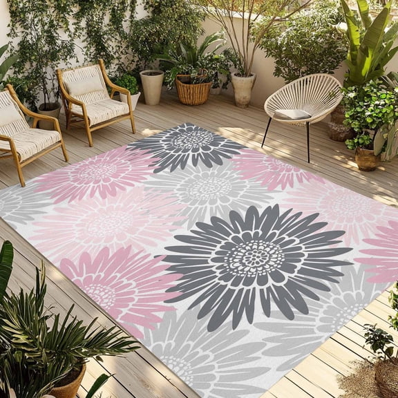 Pink Grey Sunflowers Outdoor Rug for Patio/Deck/Porch, Non-Slip Large Area Rug 6 x 9 Ft, Boho Rustic Floral Vintage Blossom Indoor Outdoor Rugs Washable Area Rugs, Camping Rug Carpet Runner