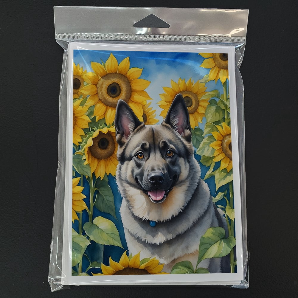 Norwegian Elkhound in Sunflowers Greeting Cards Pack of 8 7 in x 5 in