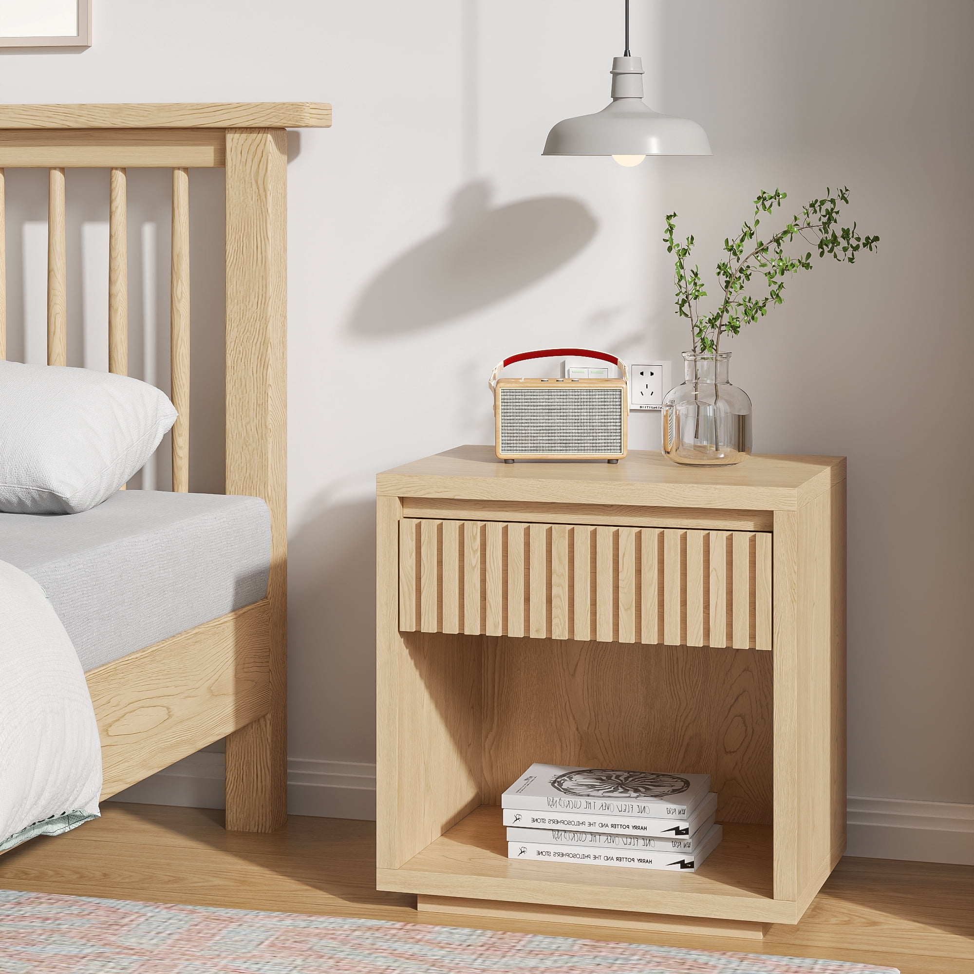 Nightstand with Drawer, Mid Century Nightstands with Open Storage Shelf, Wood Bedside Table