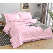 DNG Creations 3 Piece Ruffle Diamond Comforter All Season 550 GSM Oversized Queen Size - 800 Threads Count, 100% Egyptian Cotton Solid Baby Pink Colour