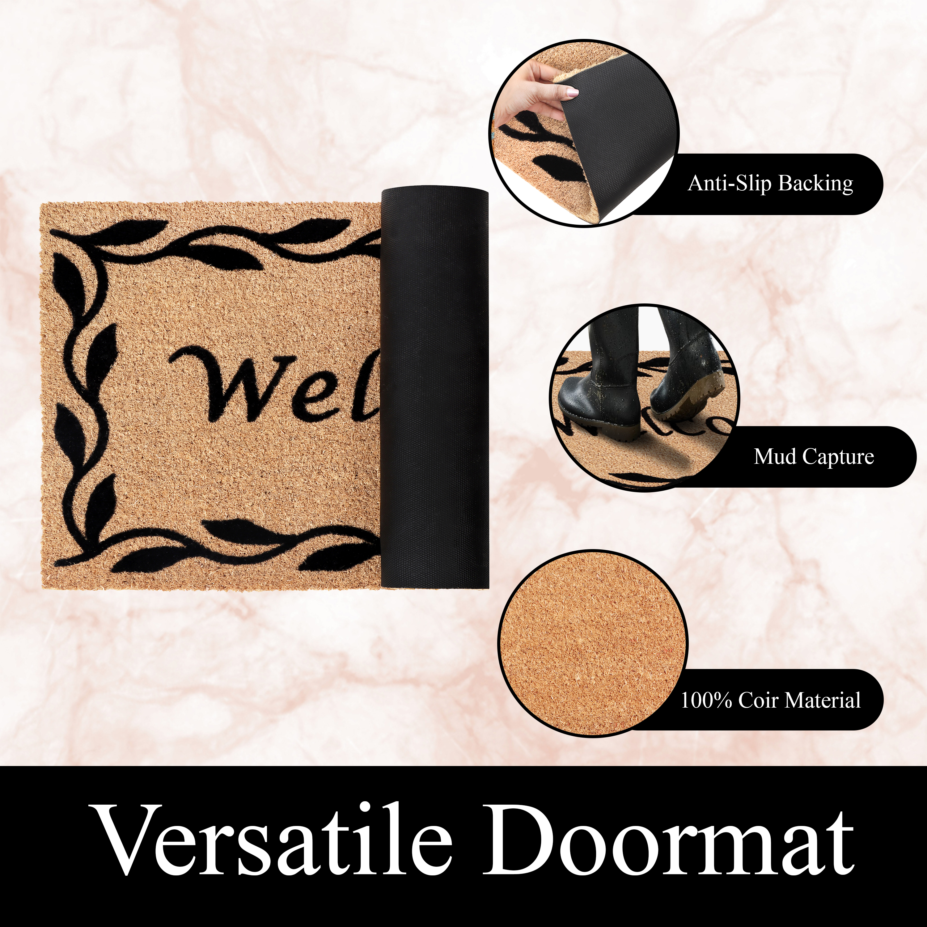 A1HC Natural Coir Flocked Doormat, Black Welcome , 18"x30", Durable Outdoor Mat, Non-Slip, Pet Friendly, Fade Resistant
