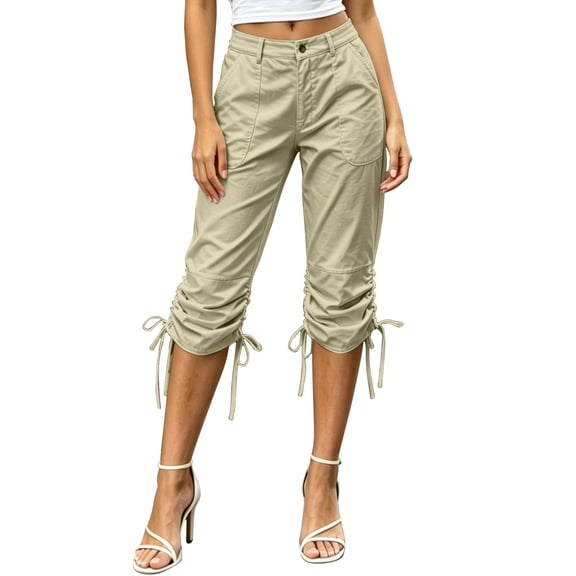 Iyufng Women's Button Zipper Capri Cargo Pants Adjustable Drawstring Ruched Cuff Side Pockets Lightweight Loose Cropped Trousers