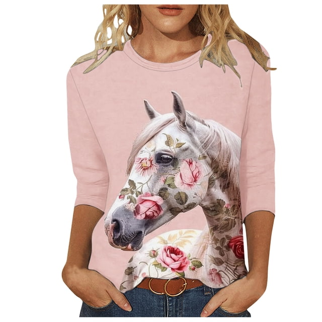 Staron Liquidation Blouses à Manches 3/4 pour Femmes Col Rond Tuniques Cheval Hauts Liquidation à Moins de 5 T-Shirts Basiques T-Shirts T-Shirts Business Casual