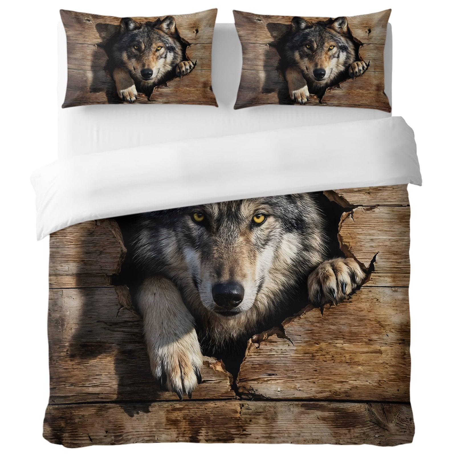 Wild Wolf Head Full Duvet Cover Set Rustic Wood Planks Peeking Predator Brown Decorative 3 Piece Bedding Set with Zipper Closure Soft Breathable Microfiber Comforter Cover & 2 Pillowcases