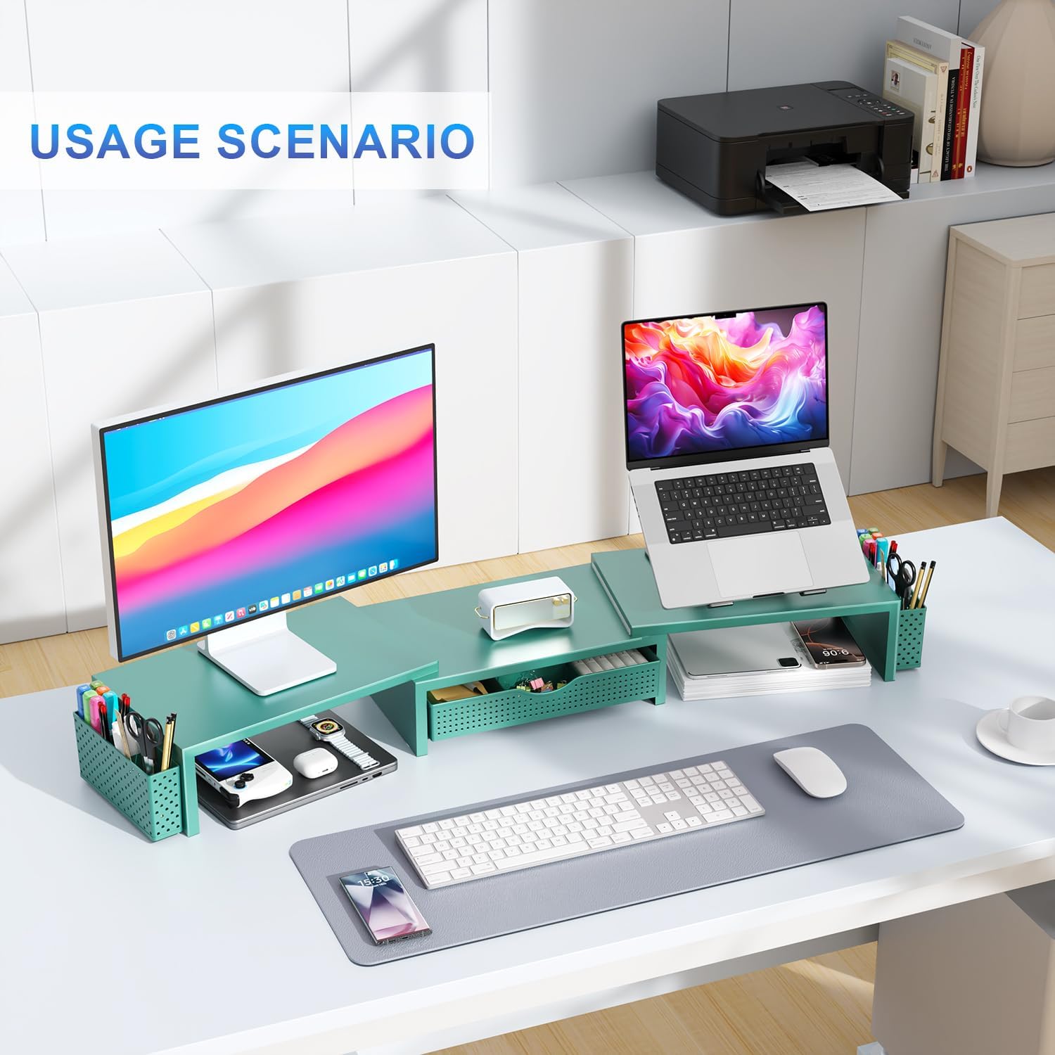 Dual Monitor Stand Riser with Drawer and Pen Holders, Wooden Desk Shelf Organizer for Computer Monitor