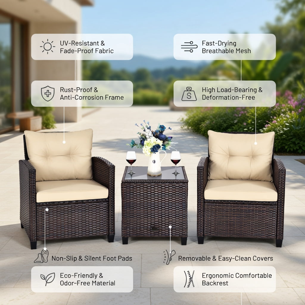 Hommoo 3-Piece Outdoor Rattan Patio Furniture Set with Cushions & Tempered Glass Coffee Table, Beige