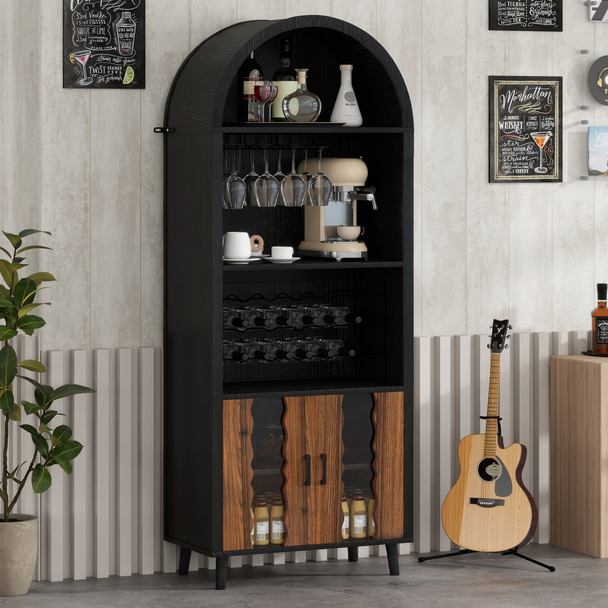 Leumius 71"Farmhouse Arched Bar Cabinet with Wine Rack and Wine Glass Holder, Tall Arched Display Cabinet, Arch Wine Bar Cabinets &Coffee Bar,Liquor Bars Cabinet for Living Dining Room Black+Natural