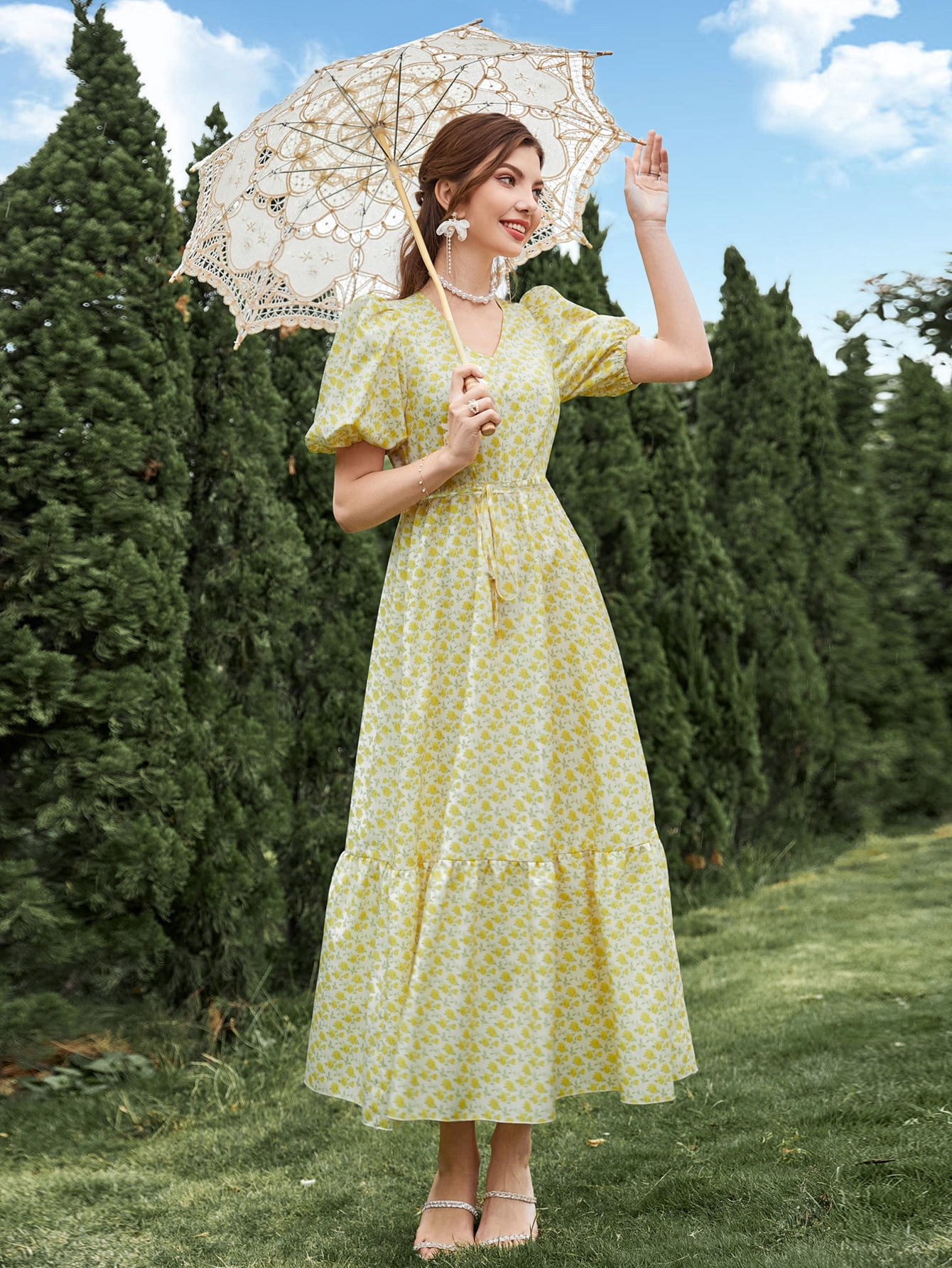 Puff Sleeve Ruffle Hem Belted Dress 