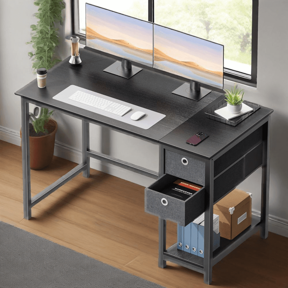 GIANNA 48 Inch Computer Desk, With 2-Tier Drawers Storage Shelf, Side Headphone Hook, Black