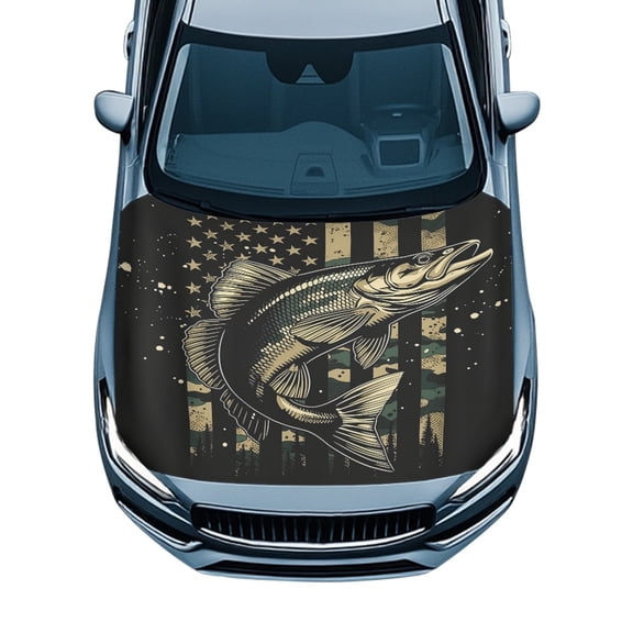Pzuqiu Car Hood Cover American Flag Fish Print All Season Protection Swimsuit Fabric, Universal Fit Waterproof Car Hood Cover Protector for Vehicles Van Trucks