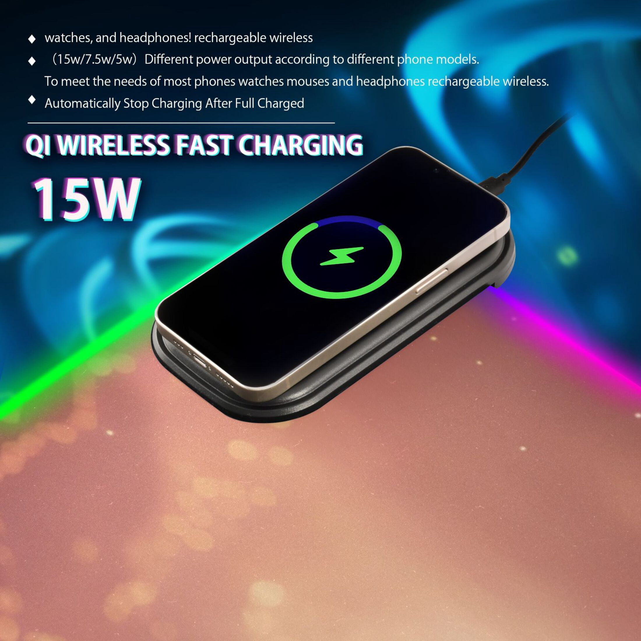 Wireless Charging Mouse Pad Large RGB Gaming Desk Mat 13 Light Modes Mousepad 35.4x15.7 Phoenix Play Water