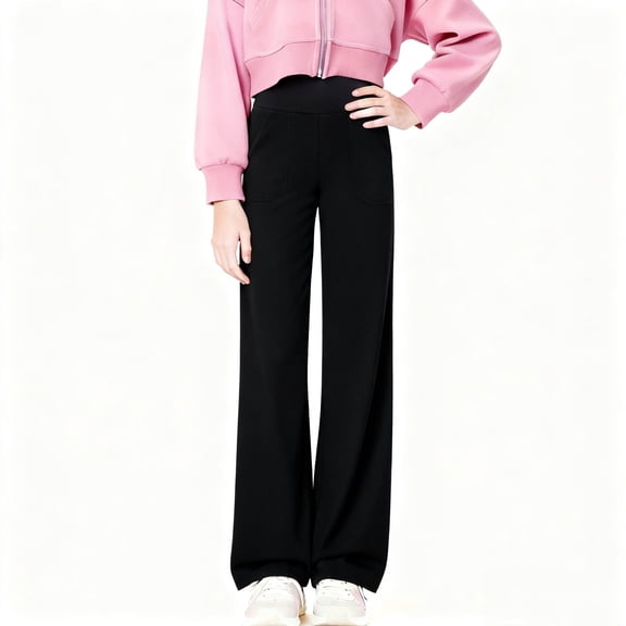hengsof Girls' High Waist Yoga Pants Wide Leg Athletic Pants with Pockets Straight Leg Athletic Pants
