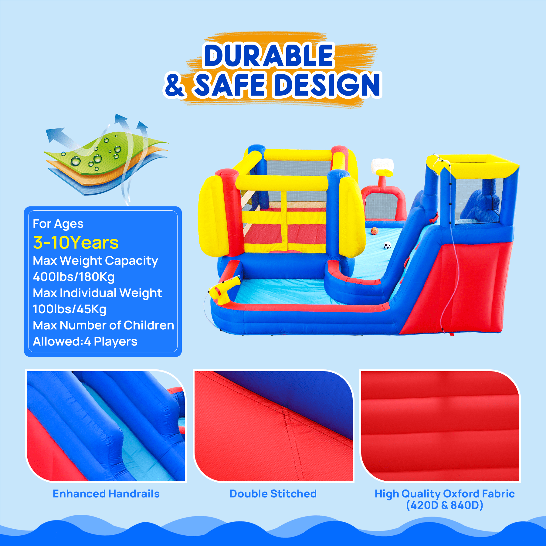 Mintazer 7-in-1 Inflatable Bounce House with Water Pool, Basketball Hoop, Climbing Wall & Water Guns, Indoor & Outdoor Play Castle for Kids