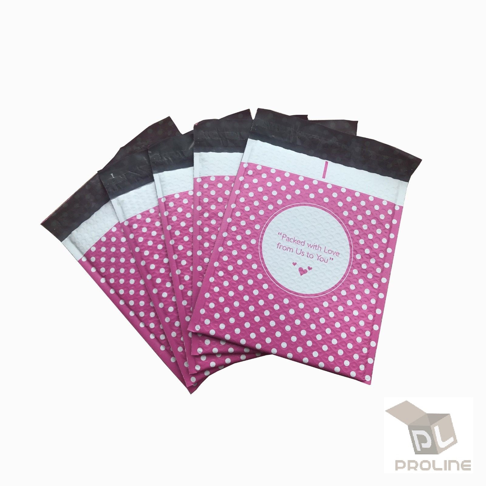 250 #0 6x9 Packed with Love from Us to You Pink Dot Poly Bubble Mailers 