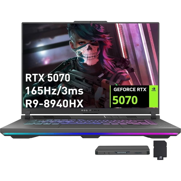 ASUS ROG Strix G16 16" WUXGA 165Hz Gaming Laptop, GeForce RTX 5070 8GB GDDR7, AMD Ryzen 9 8940HX, 16GB DDR5, 2TB Storage (1TB SSD 1TB Docking Station Set), 4-Zone RGB Backlit Keyboard, Win 11, Gray