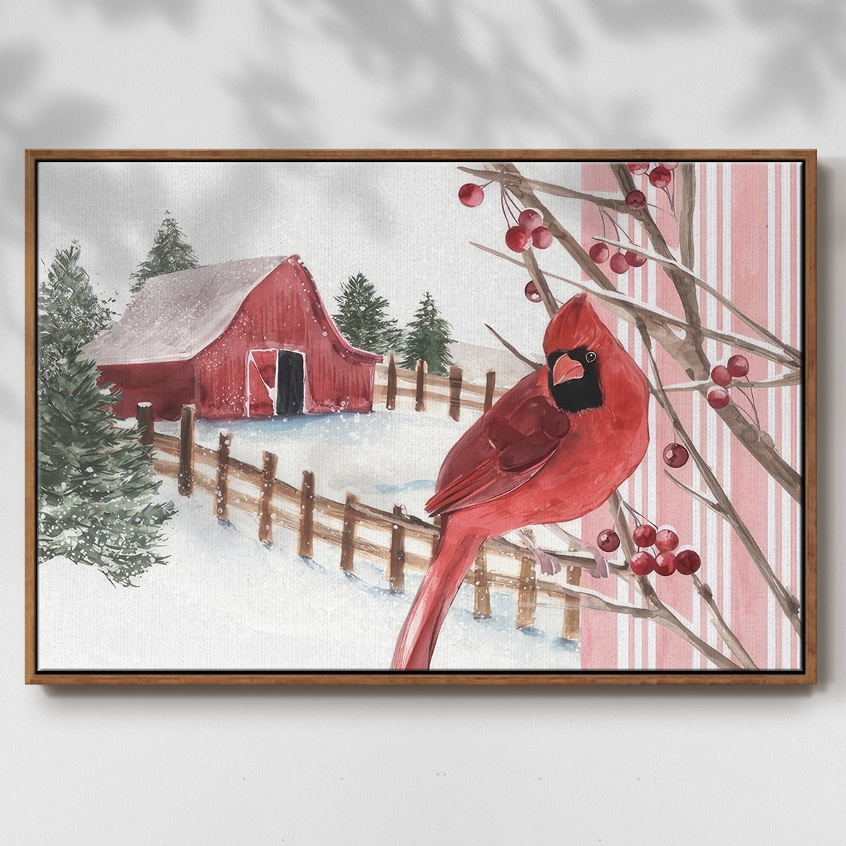 Winter Cardinal Collection A - Framed Gallery Wrapped Holiday Canvas - 17 x 25 - Rosewood Frame