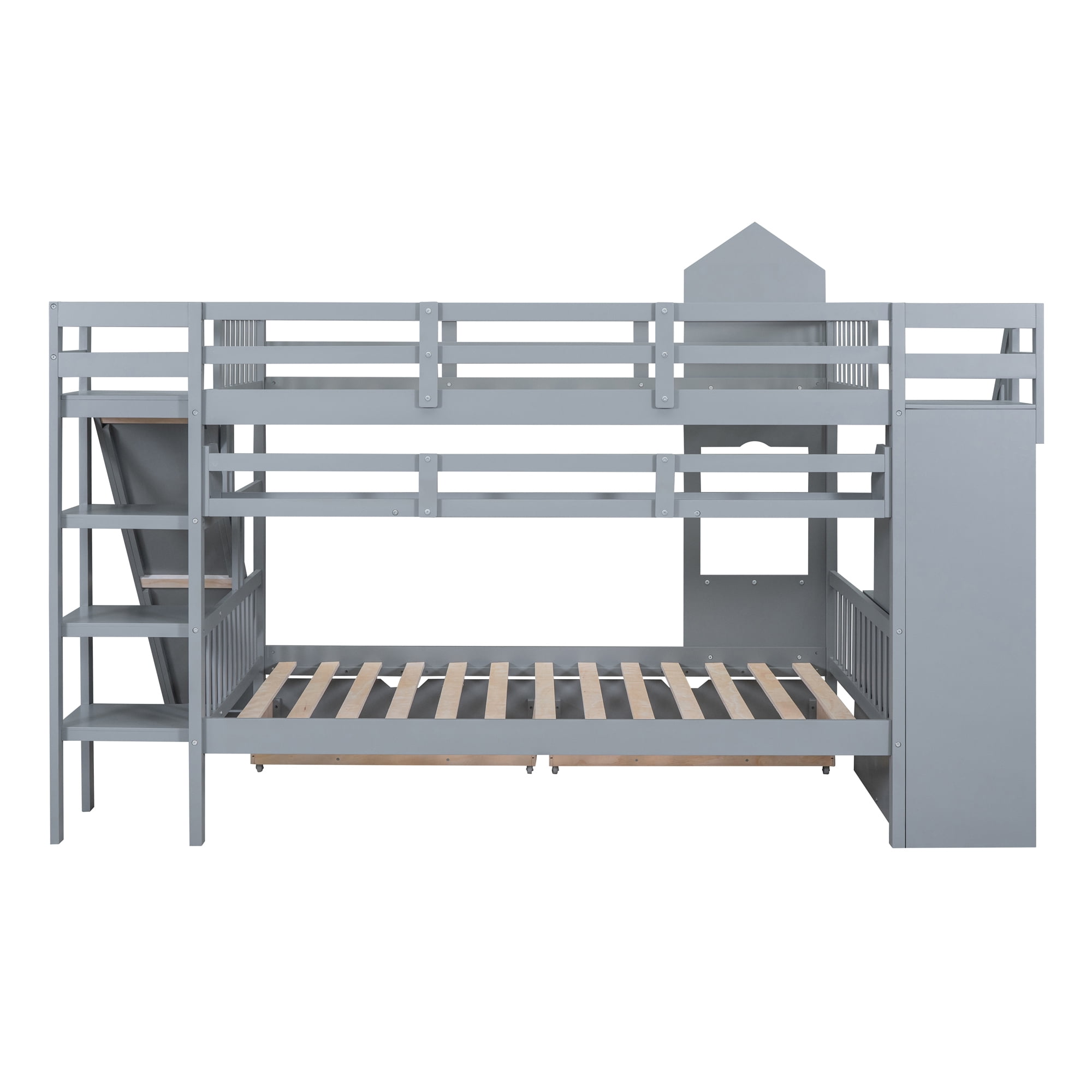 Full over Full Bunk Bed for Kids, Castle Style Bunk Beds with 2 Drawers, Slide and Storage Shelves, Solid Wood Bunk Bed Frame for Kids Girls Boys Teens