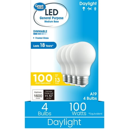 Great Value 18YR A19 LED Light Bulb, 13 Watt (100W Equivalent) Daylight Dimmable E26 Medium Base 4 Pack