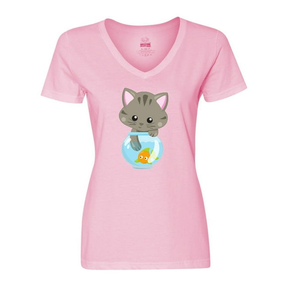 Inktastic Kitty And The Fish Bowl, Cute Little Cat, Fish Women's V-Neck T-Shirt
