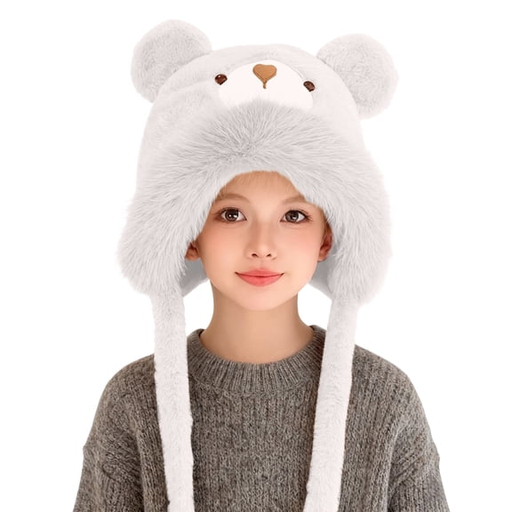 XIMIN Cute Cartoon Bear Ears Hat for Kid Girls Ear Protection Furry Faux Fur Beanie Hat kiing Climbing Hat Winter Fashion Warm Outdoor Ear Flaps Ski Hat