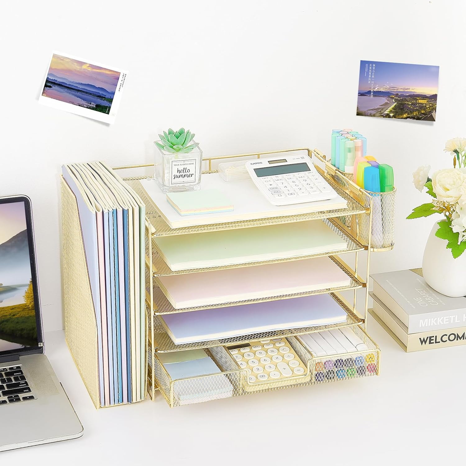 ThrottleT-Desk Organizers and Accessories with File Holder, 5-Tier Office Desk Accessories & Workspace Desktop Organizer with Drawer and 2 Pen Holder, File Paper Organizer for Office Supplies(Gold)