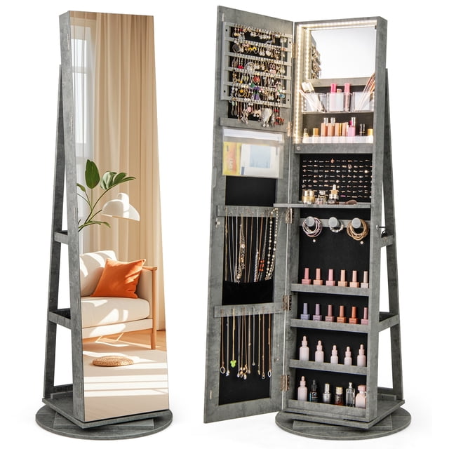 Gymax 360° Rotating Mirrored Jewelry Cabinet Armoire 3 Color LED Modes Lockable Light Gray