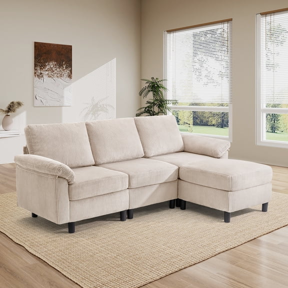 AUNEKIV Modular Sectional Sofa with Movable Ottoman, L-Shape 3-seat Storage Couch for Living Room, Beige