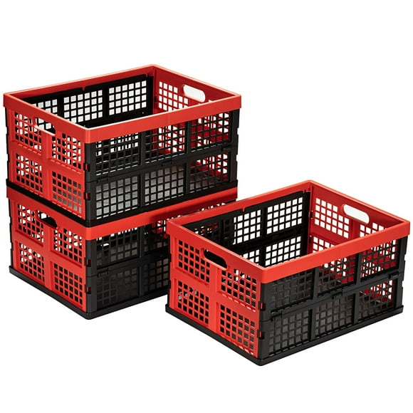 Eslite 34L Large Plastic Folding Storage Crates,Collapsible Crates for Storage,Pack of 3 (Black+Red)