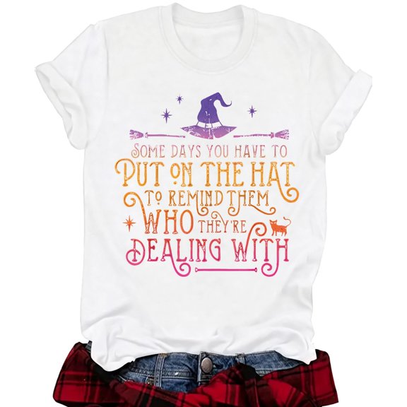 Fall Shirts for Women Short Sleeve Witch Hocus Pocus Printed Crew Neck Halloween Tops Loose Fit Tops Casual Y2K Blouses