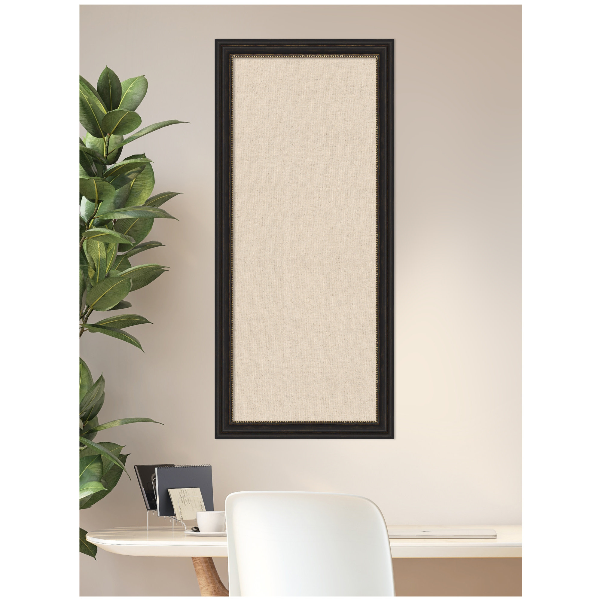 Kate and Laurel Framed Fabric Pinboard 20 x 44, Neutral Weave Printed Linen Decorative Bulletin Board for Use as a Vision Board or Wall Organization, Accent Bronze Narrow Frame
