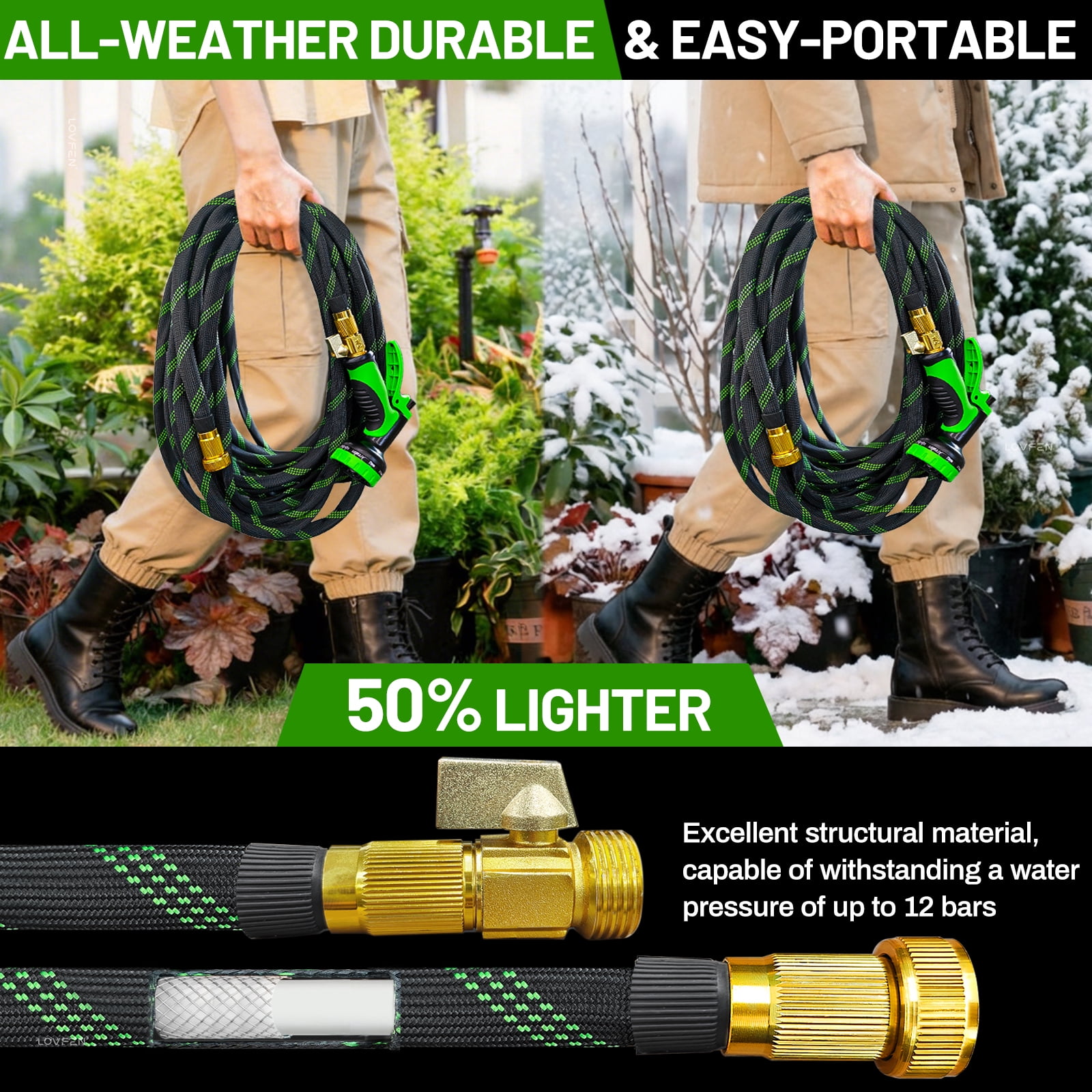 LOVFEN 150 ft Garden Hose,Non-Expanding Kink Free Flexible Water Hose with 10-Pattern Spray Nozzle, Lightweight Hose Pipe, Leak Proof, 3/4" Swivel Connectors, Super Fabric, Portable Storage Strap