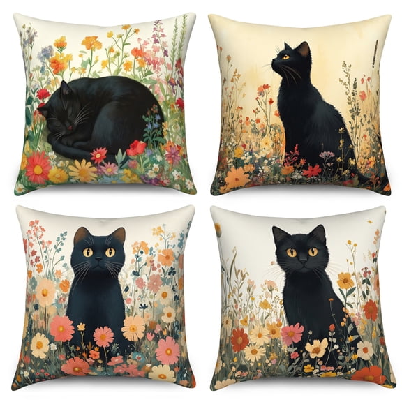 Dashan Spring Summer Throw Pillow Covers 18x18 Set of 4,Black Cat Wild Flower Pillow Cases for Bedroom Sofa Couch
