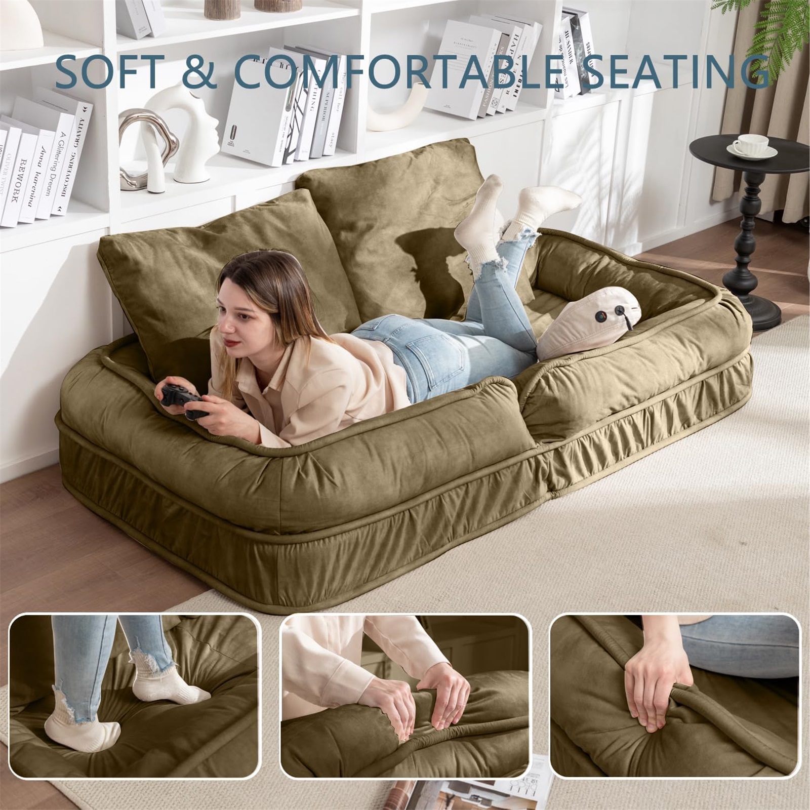 LEHZROAJ Velvet Upholstered Bean Bag Chairs,5-Position Adjustable 2 Soft Pillows Massage Floor Sofa,Multi-Functional  Human Dog Bed for Living Room(Green)