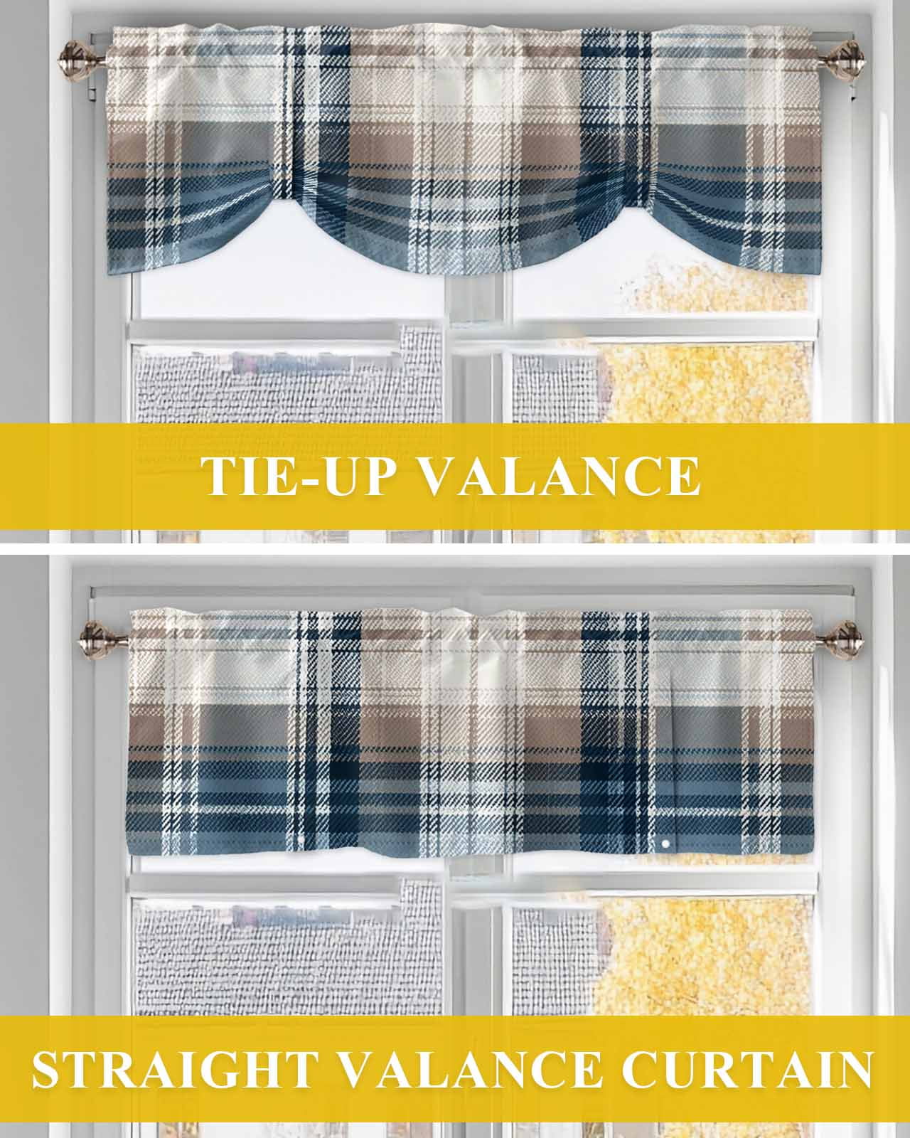 Vintage Plaid Tie Up Valances Curtain, Adjustable Kitchen Blue Brown White Plaid Texture Cotton Valances for Windows Decor, Rod Pocket Short Curtains Set for Bedroom/Bathroom, 60"x18"