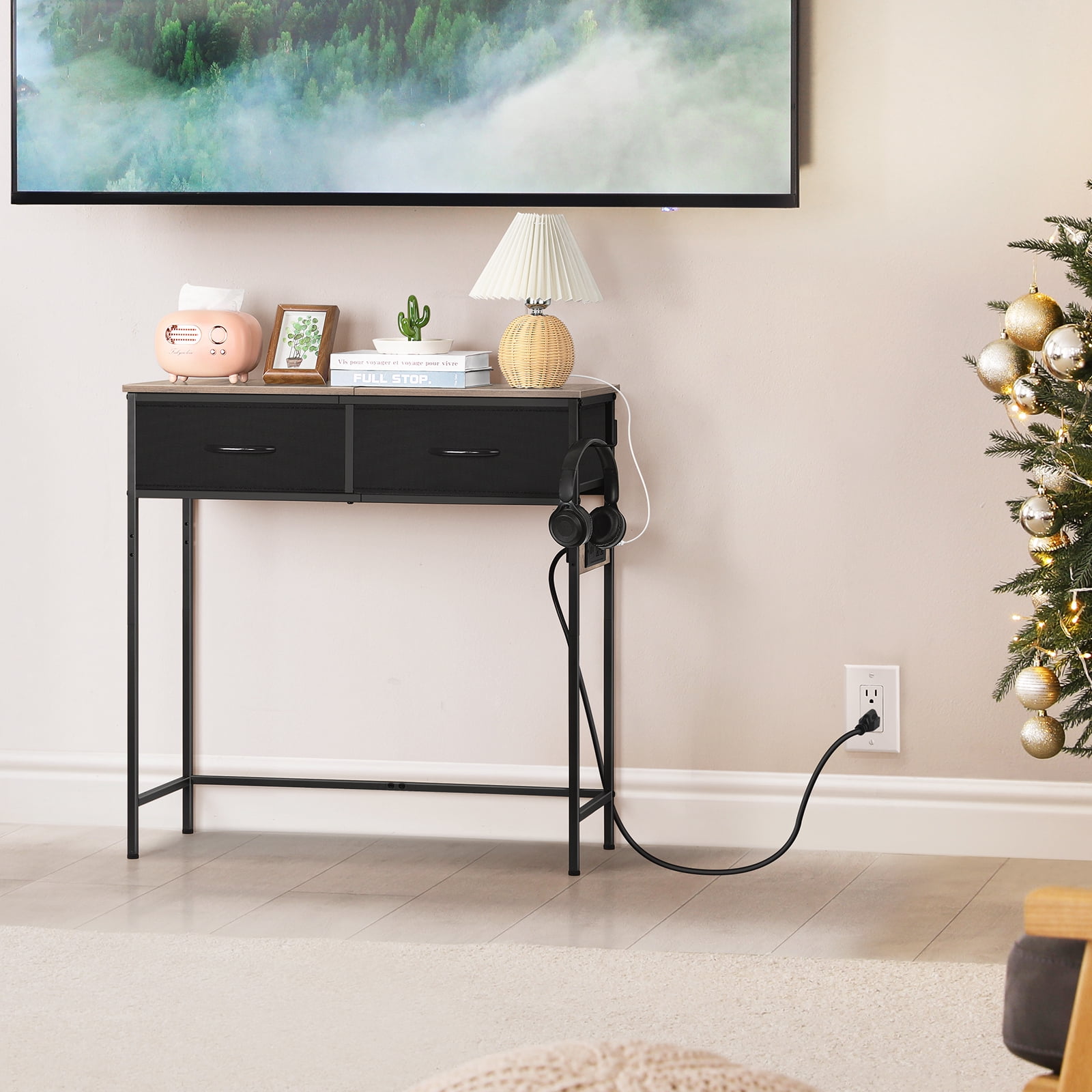 Industrial Console Table with Charging Station, 31.5 Inch Narrow Entryway Table with 2 Fabric Drawers, Side Hook & Adjustable Feet Gray