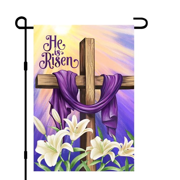 shiyou-He is Risen Easter Christian Garden Flags 12x18 Double Sided Burlap, Religious Cross Spring Lily Flower Sign Small Flag Farmhouse Yard Outdoor Decoration DF701